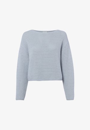 Light blue knitted long-sleeve sweater with a loose fit and textured open-weave pattern.