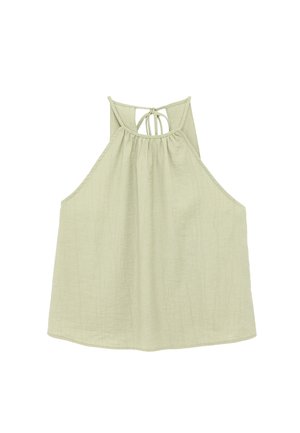 Hellgrünes ärmelloses Neckholder-Top mit hohem Ausschnitt und Bindverschluss am Rücken.
