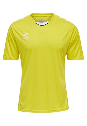 Gelbes Sporttrikot mit kurzen Ärmeln, V-Ausschnitt und weißen Akzenten auf den Schultern. Hergestellt aus leichtem Stoff mit glatter Textur.