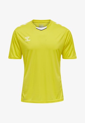 Gelbes Sporttrikot mit kurzen Ärmeln, V-Ausschnitt und weißen Akzenten auf den Schultern. Hergestellt aus leichtem Stoff mit glatter Textur.