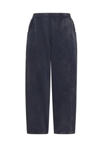 Luźne spodnie w ciemnym granatowym kolorze z elastycznym paskiem w talii i bocznymi kieszeniami, wykonane z miękkiego, lekko teksturowanego materiału.