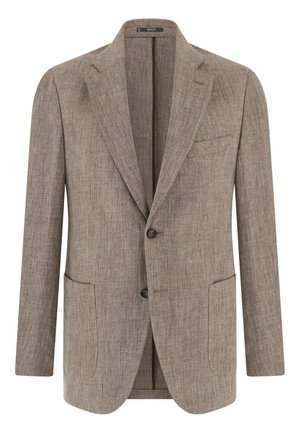 Blazer texturizado marrón claro para hombre con dos botones, solapas con muesca, bolsillo en el pecho y dos bolsillos inferiores tipo parche, mostrado de frente.