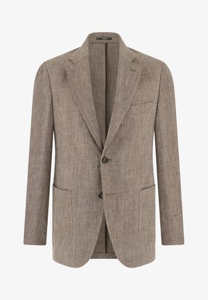 Herrensakko in hellbraun mit strukturierter Oberfläche, zwei Knöpfen, Kerbkragen, Brusttasche und zwei aufgesetzten Taschen unten, von vorne dargestellt.