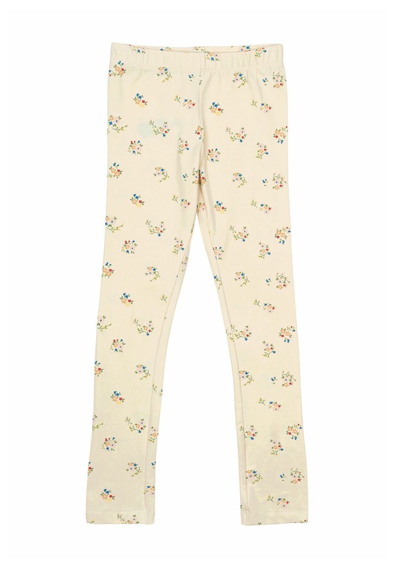Leggings beige chiaro con un motivo floreale che presenta piccoli fiori rosa, blu e verdi. Texture morbida con una vita elastica.