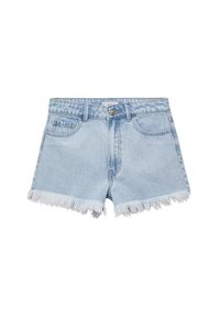 Traperice kratke hlače svijetloplave boje, s razderanim rubom, prošivenim džepovima i prednjim zatvaranjem na gumb. Klasičan dizajn s pet džepova.