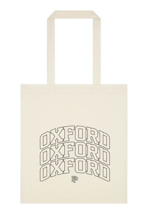 Béžová taška typu tote s třemi naskládanými slovy „OXFORD“ tučným ohraničeným písmem a malým stylizovaným logem „PF“ dole.