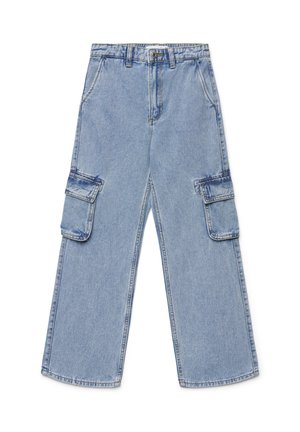 Jasnoniebieskie szerokie spodnie cargo z denimu z przednimi kieszeniami, bocznymi kieszeniami z klapką, szlufkami na pasek i zapięciem na guzik w talii.