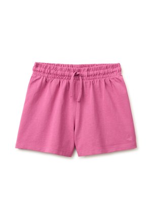 Pantalones cortos casuales de cintura elástica rosa con cordón, hechos de tela suave, mostrados extendidos sobre un fondo blanco.