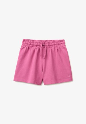 Rosa legere Shorts mit elastischem Bund und Kordelzug, aus weichem Stoff, flach auf weißem Hintergrund präsentiert.