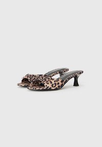 Leopard print open-toed mules with a bow detail, featuring a low black heel and soft suede-like texture. Side cutouts for breathability.