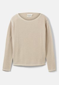 Pull beige en tricot à manches longues avec col rond, motif texturé et ourlet droit, étalé à plat sur fond blanc.