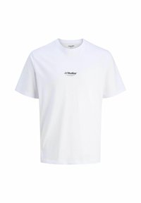 Camiseta de algodón blanca de manga corta con logo de texto en negro "JJ Studios" centrado en el pecho y escote redondo.