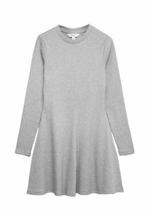 Vestido gris de manga larga hecho de tela suave, con escote redondo y bajo acampanado, textura lisa y diseño minimalista.