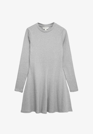 Grijze jurk met lange mouwen, gemaakt van zacht stof, met een ronde halslijn en een uitlopende zoom, met een gladde textuur en een minimalistisch ontwerp.