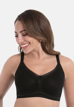 Schwarzes Spitz-Bralette mit V-Ausschnitt, transparenten Akzenten, verstellbaren Trägern und einem glatten Unterbrustband für Halt.