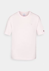 Růžové bavlněné tričko s krátkými rukávy, kulatým výstřihem a vyšívaným logem na levé části hrudi a rukávu. Hladká textura, klasický střih.