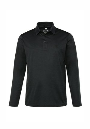Polo negro de manga larga hecho de una tela texturizada, con cuello abotonado y un sutil logo en el pecho.