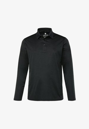 Polo shirt nero a maniche lunghe realizzato in tessuto texturizzato, con colletto a bottoni e un logo discreto sul petto.