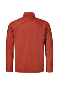 Rote Langarmjacke mit hohem Kragen. Aus strukturiertem Stoff mit dezenten vertikalen Streifen, mit einer Nahtgestaltung an den Schultern.