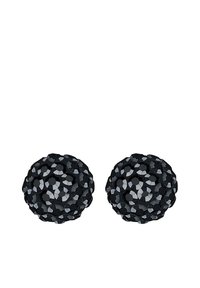Orecchini rotondi realizzati in materiale nero e texturizzato, con superficie sfaccettata, caratterizzati da finiture variabili e un intricato dettaglio.