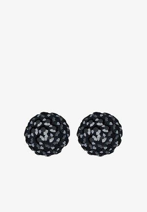 Cercei rotunzi din material negru texturat cu suprafață facetată, având finisaje variate și detalii intricate.