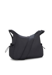 Black nylon shoulder bag with a soft, padded design, featuring adjustable straps, zippers, and drawstring accents on the sides.