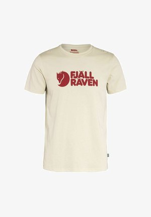 Light beige cotton t-shirt featuring a large red "FJÄLL RÄVEN" logo and a fox emblem. Short sleeves and a round neckline.