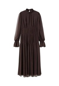 Vestido marrón de manga larga con un escote alto, cuerpo fruncido y mangas acampanadas. Fabricado con tejido ligero, presenta una falda de capas.
