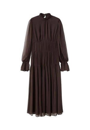 Vestido marrón de manga larga con un escote alto, cuerpo fruncido y mangas acampanadas. Fabricado con tejido ligero, presenta una falda de capas.