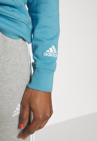 Teal sweatshirtärm med ribbad mudd, med en vit Adidas-logotyp. Grå sweatpants med vit logotyp, som visar mjuka texturer.