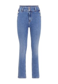 Jean en denim bleu taille haute avec une silhouette ajustée, dotés de boutons sur le devant, d'un style à cinq poches et d'une jambe évasée.