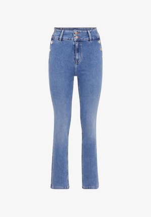 Hochtaillierte blaue Denim-Jeans mit einer enganliegenden Silhouette, ausgestattet mit Vorderknöpfen, Fünf-Taschen-Styling und einem ausgestellten Beindesign.