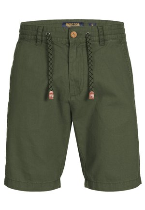 Olive green men's knee-length shorts with front button, drawstring waistband, and side pockets.