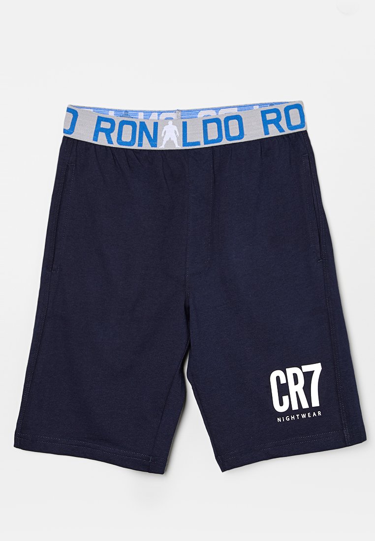 Shorts navy en coton doux avec une taille élastique grise ornée du texte bleu "RONALDO" et d'un logo blanc "CR7 NIGHTWEAR".