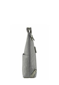Borsa di stoffa grigia con profilo snello, chiusura con zip e tasca laterale accentuata da hardware metallico e finitura testurizzata.