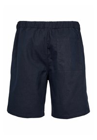 Pantalones cortos azul marino hechos de tejido ligero, con una cintura elástica y un bolsillo trasero. La textura parece suave y transpirable.