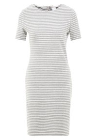 Robe en coton rayée grise avec des manches courtes, un col rond et une silhouette ajustée. Présente des rayures claires et foncées ainsi qu'une fermeture éclair au dos.