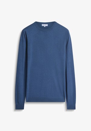 Blue crew-neck sweater with long sleeves, made from a soft fabric, featuring a ribbed neckline and cuffs, and a clean, minimal design.