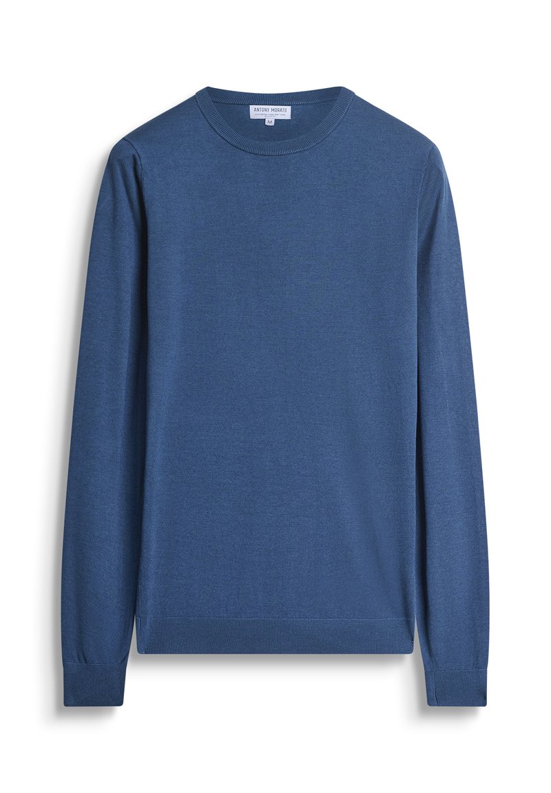 Blauwe ronde hals trui met lange mouwen, gemaakt van een zachte stof, met een geribbelde halslijn en manchetten, en een schoon, minimalistisch ontwerp.