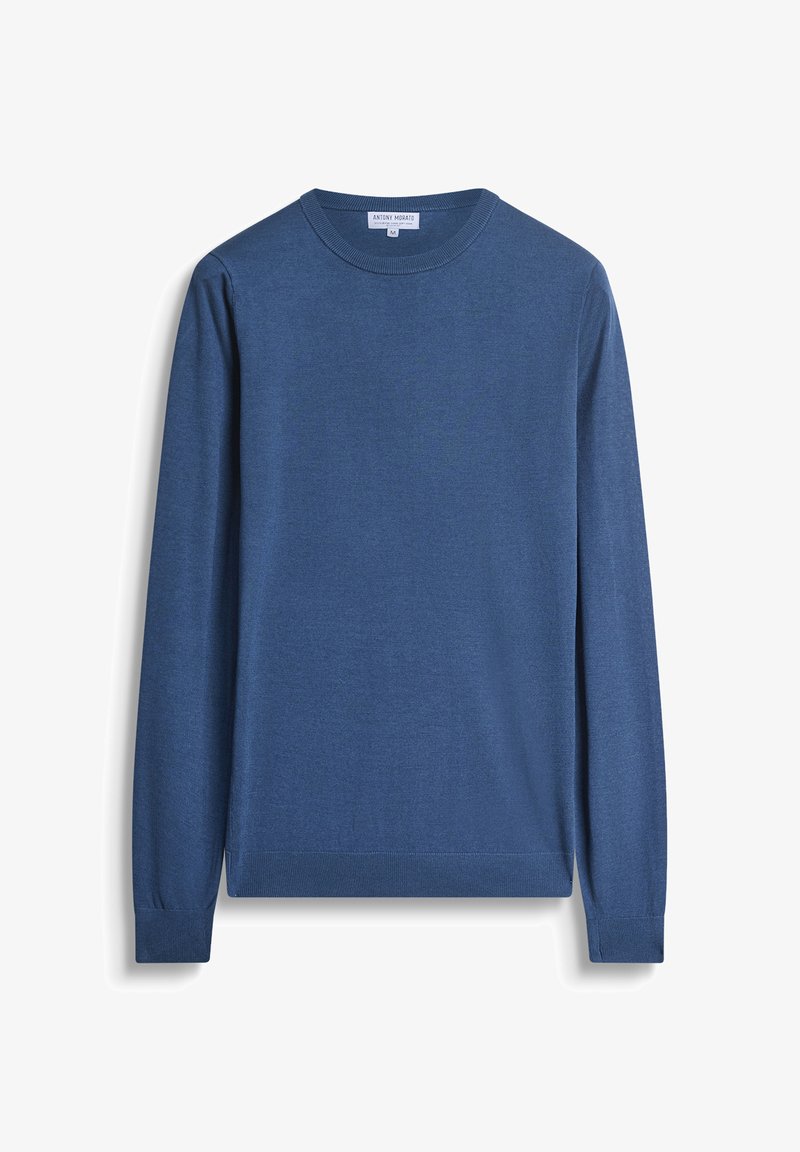 Blauwe ronde hals trui met lange mouwen, gemaakt van een zachte stof, met een geribbelde halslijn en manchetten, en een schoon, minimalistisch ontwerp.