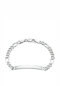 Bracciale in argento con una piastrina rettangolare liscia e chiusura a granchio su uno sfondo bianco.