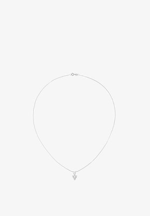 Srebrny naszyjnik z cienkim łańcuszkiem i trójkątnym wisiorkiem z przezroczystym kamieniem szlachetnym. Prosty, elegancki design z zapięciem na klamrę.