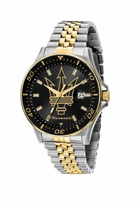 Orologio Maserati con quadrante nero e dettagli dorati, cassa in acciaio inossidabile e bracciale bicolore in collegamenti d'argento e oro.