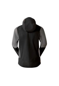 Veste imperméable noire et grise avec capuche, dotée de manches longues et d'un design simple. Matériau extensible avec des panneaux de manches contrastants.