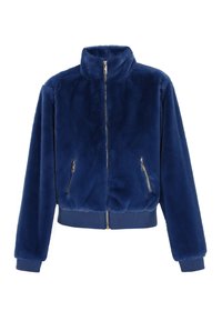 Giacca in pelliccia sintetica di un blu profondo con colletto alto, chiusura frontale con zip e due tasche laterali. Presenta polsini e orlo a costine per una vestibilità aderente.