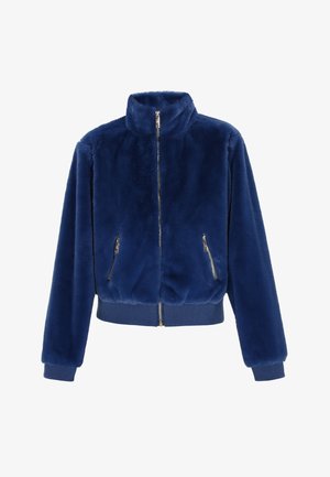 Faux fur jacket in deep blue with a high collar, zip-up front, and two side pockets. Features ribbed cuffs and hem for a snug fit.