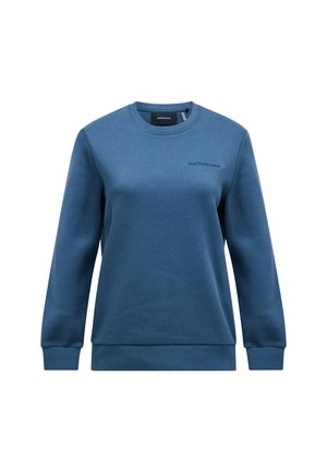 Blauwe sweatshirt van zacht materiaal, met een ronde halslijn, lange mouwen en een klein zwart logo op de borst.