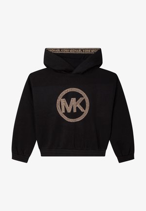 Sort cropped hættetrøje med elastiske manchetter, gyldent nittebesat "MK" logo i midten og gentaget "Michael Kors" tekst inde i hættens for.