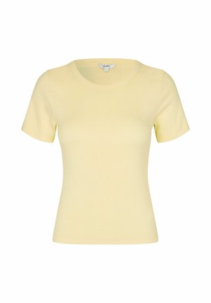 Tricou galben deschis, cu mâneci scurte, cambrat și cu dungi fine, cu decolteu rotund, prezentat pe un fundal alb.