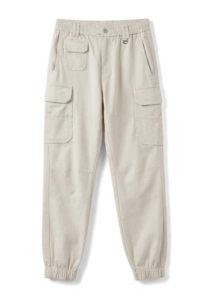 Licht beige cargobroek met elastische tailleband en boorden, met meerdere klepzakken en zijzakken voor de handen.